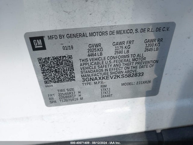 Chevrolet EQUINOX LT 2019 3GNAXKEV2KS582833 Image 9