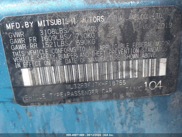 2019 MITSUBISHI MIRAGE G4 ML32F3FJ7KHF18755 Photo 8