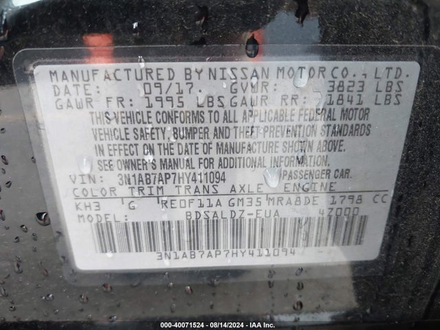 Nissan SENTRA SV 2017 3N1AB7AP7HY411094 Image 9