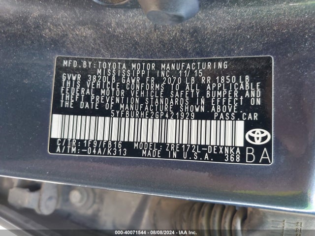 Toyota COROLLA LE 2016 5YFBURHE2GP421929 Image 9