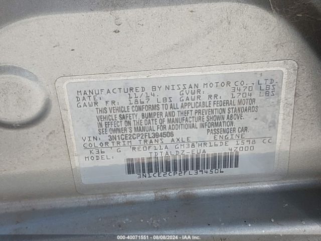 3N1CE2CP2FL394506 Nissan Versa Note S (sr)/s Plus/sl/sr/sv