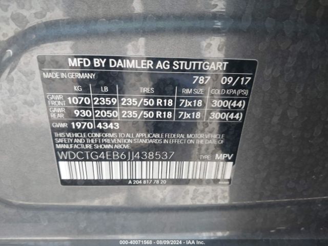 WDCTG4EB6JJ438537 Mercedes-Benz GLA 250
