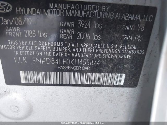 5NPD84LF0KH455874 Hyundai Elantra Sel/value/limited