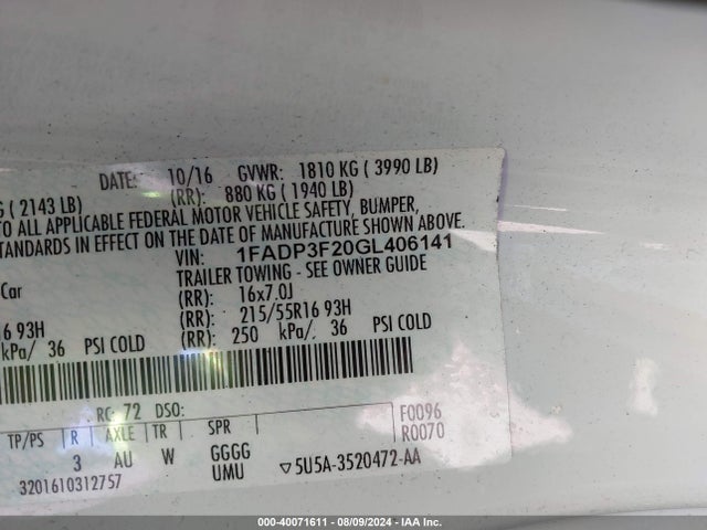 Ford FOCUS SE 2016 1FADP3F20GL406141 Image 9