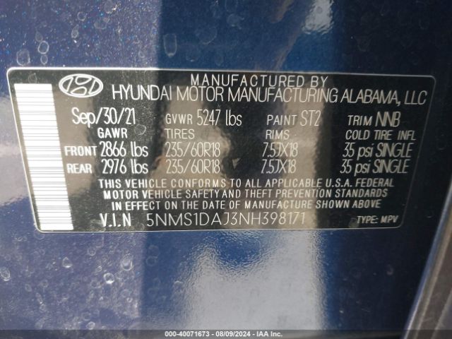 5NMS1DAJ3NH398171 Hyundai Santa Fe Se