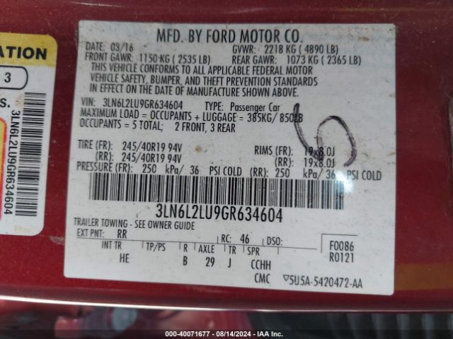 3LN6L2LU9GR634604 Lincoln MKZ HYBRID