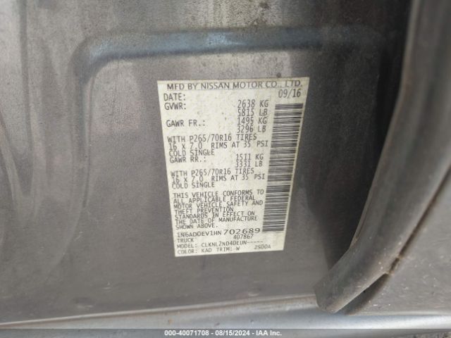 1N6AD0EV1HN702689 Nissan Frontier Sv