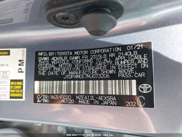 JTDP4MCE7MJ073206 Toyota COROLLA SE