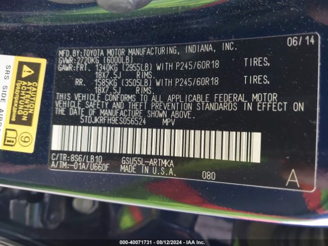 5TDJKRFH9ES056524 Toyota Highlander Xle V6