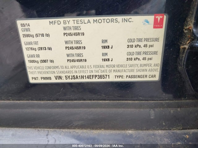 Tesla Model S P85 2014 5YJSA1H14EFP36571 Image 9