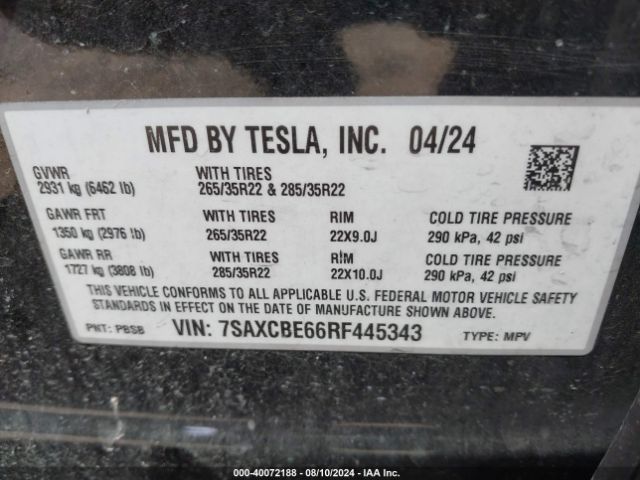 7SAXCBE66RF445343 Tesla Model X Plaid Tri Motor All-wheel Drive