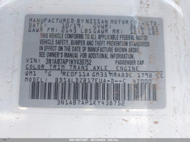 3N1AB7AP1KY438752 Nissan Sentra S/sl/sr/sv