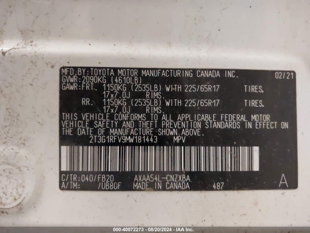 Toyota RAV4 LE 2021 2T3G1RFV9MW181443 Image 9