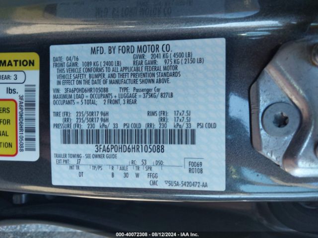 3FA6P0HD6HR105088 Ford FUSION SE