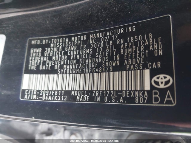 Toyota COROLLA LE 2017 5YFBURHE1HP648479 Image 9