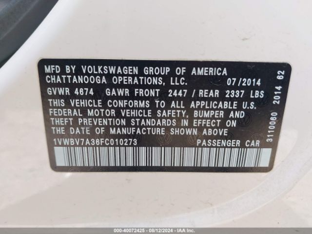 1VWBV7A36FC010273 Volkswagen Passat 2.0l Tdi Se