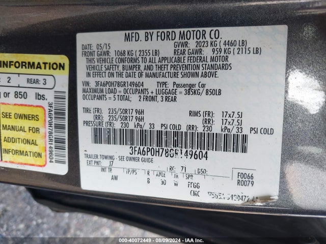 Ford FUSION SE 2016 3FA6P0H78GR149604 Image 9