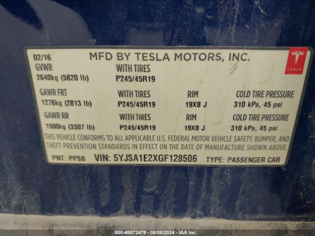 5YJSA1E2XGF128506 Tesla Model S 60d/70d/75d/85d/90d