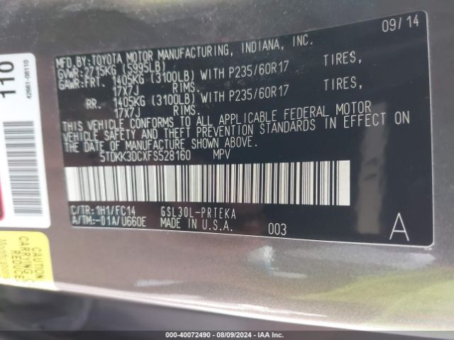 Toyota Sienna Le 8 Passenger 2015 5TDKK3DCXFS528160 Image 9