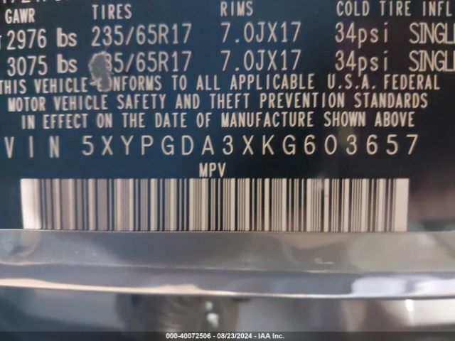 5XYPGDA3XKG603657 KIA Sorento 2.4l Lx