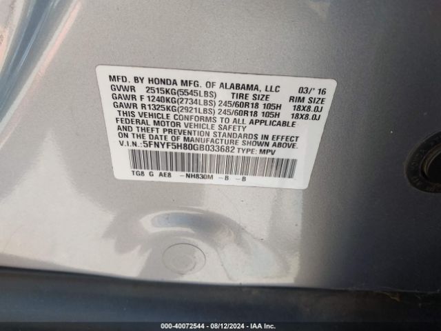5FNYF5H80GB033682 Honda Pilot Ex-l