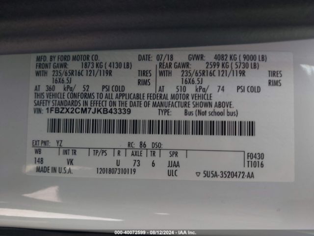 1FBZX2CM7JKB43339 Ford Transit-350 Xl
