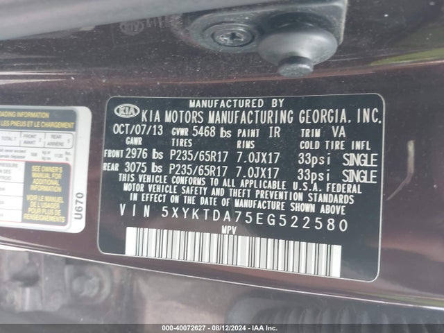 KIA Sorento Lx V6 2014 5XYKTDA75EG522580 Image 9