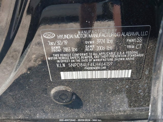 Hyundai ELANTRA SEL 2019 5NPD84LF4KH464139 Image 9