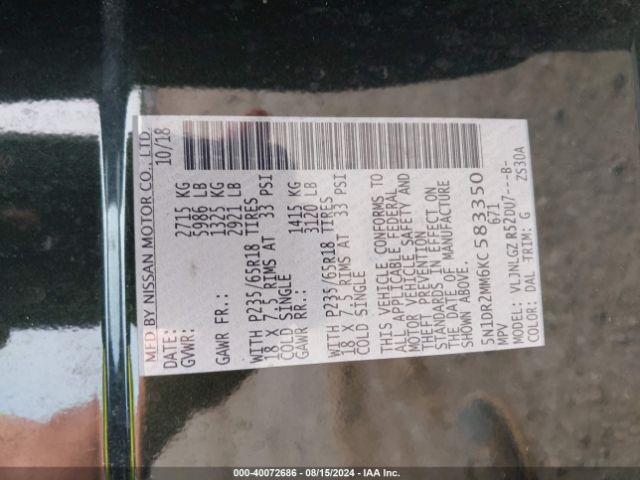5N1DR2MM6KC583350 Nissan Pathfinder Sl