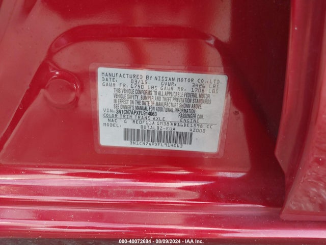 Nissan Versa 1.6 Sv 2015 3N1CN7APXFL914063 Image 9