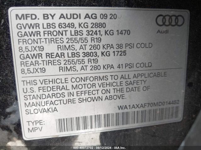 WA1AXAF70MD014452 Audi Q7 Premium 55 Tfsi Quattro Tiptronic