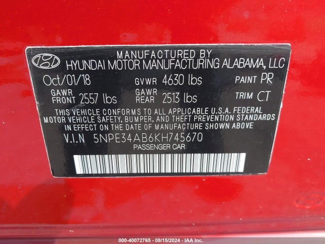 Hyundai Sonata Limited 2.0t 2019 5NPE34AB6KH745670 Image 9