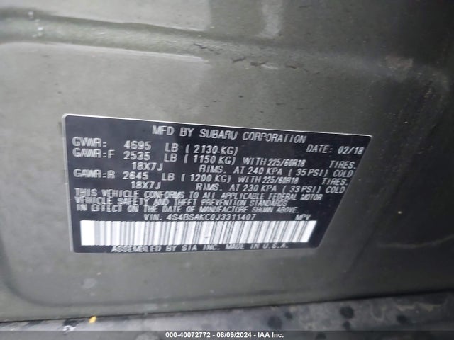 Subaru Outback 2.5i Limited 2018 4S4BSAKC0J3311407 Image 9