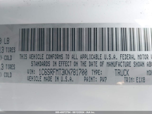 1C6SRFMT3KN781700 RAM 1500 Big Horn/lone Star  4x4 6'4 Box