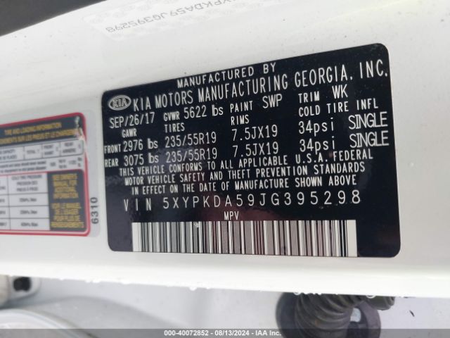 5XYPKDA59JG395298 KIA Sorento 3.3l Sx