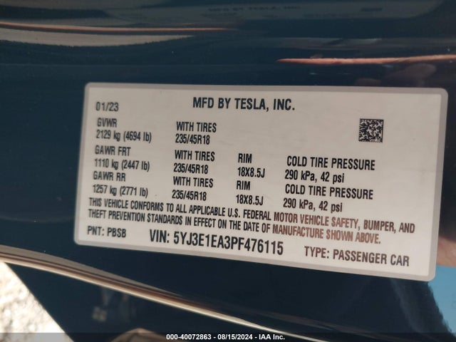 2023 TESLA MODEL 3 5YJ3E1EA3PF476115 Photo 8