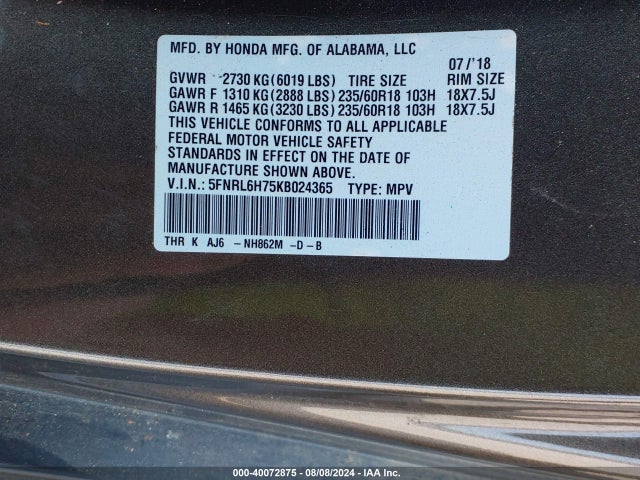 Honda Odyssey Ex-l 2019 5FNRL6H75KB024365 Image 9