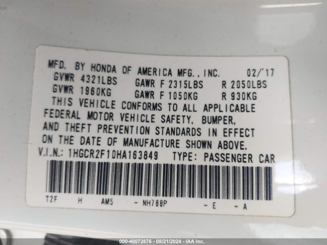 1HGCR2F10HA163849 Honda Accord Sport Se