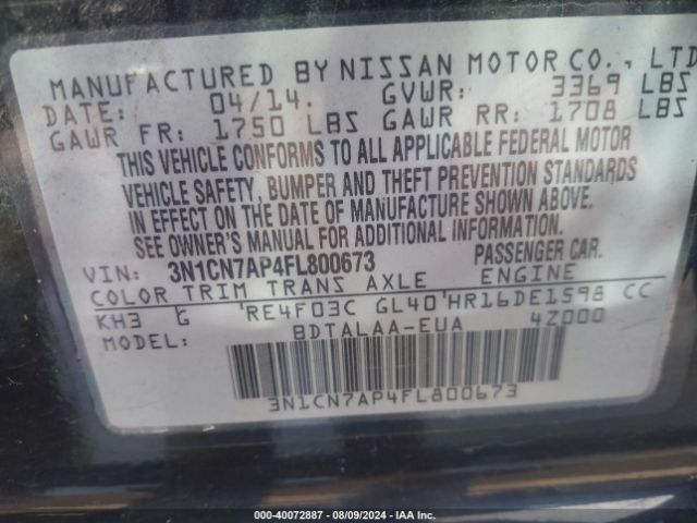 3N1CN7AP4FL800673 Nissan Versa 1.6 S