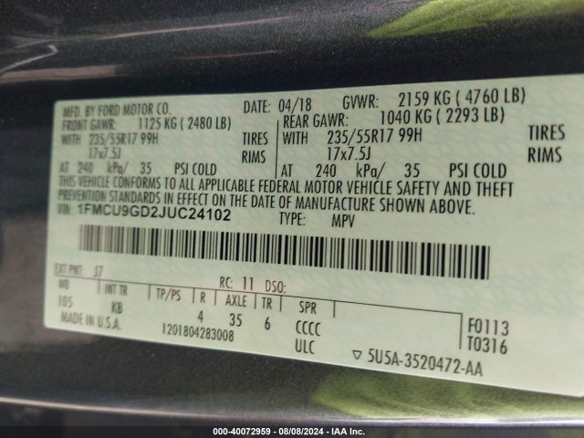 Ford ESCAPE SE 2018 1FMCU9GD2JUC24102 Image 9