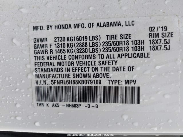 5FNRL6H88KB079109 Honda Odyssey Touring