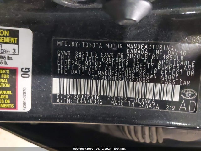 Toyota COROLLA LE 2016 2T1BURHE5GC653005 Image 9