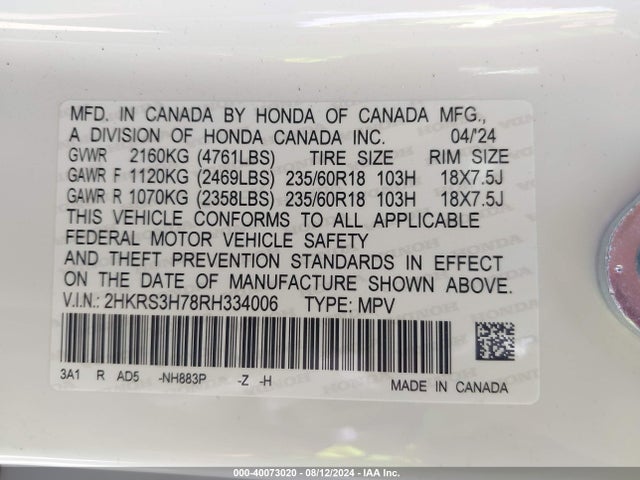 Honda Cr-v Ex-l 2wd 2024 2HKRS3H78RH334006 Image 9