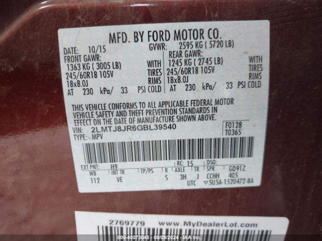 2LMTJ8JR6GBL39540 Lincoln Mkx Premiere