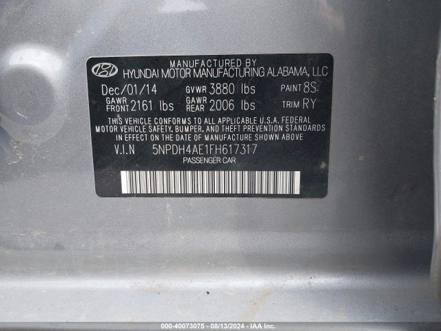 Hyundai ELANTRA SE 2015 5NPDH4AE1FH617317 Image 9