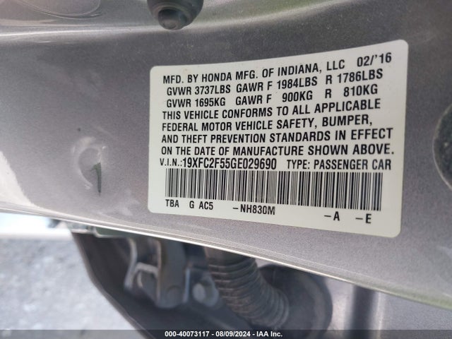 Honda Civic Lx 2016 19XFC2F55GE029690 Image 9
