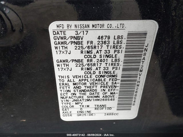 Nissan ROGUE SV 2017 JN8AT2MV1HW268548 Image 9