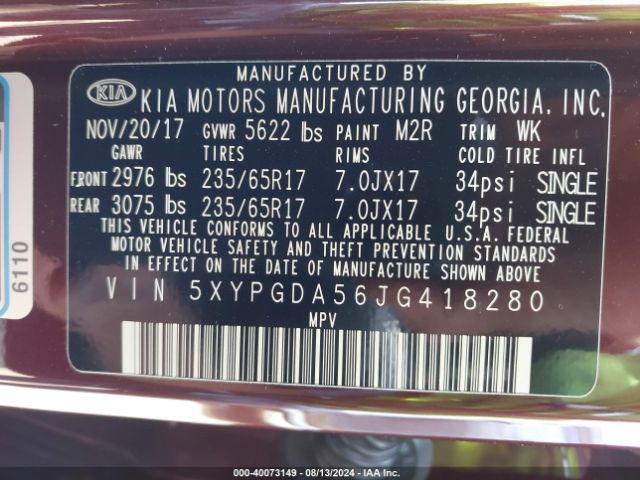 5XYPGDA56JG418280 KIA Sorento 3.3l Lx
