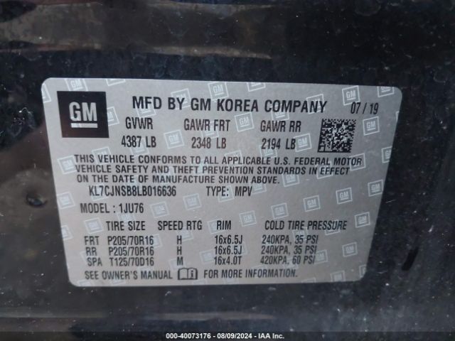 KL7CJNSB8LB016636 Chevrolet Trax Awd Ls