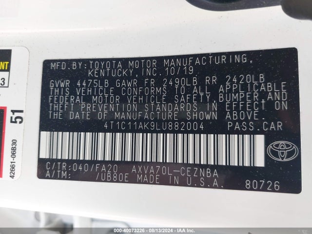 Toyota CAMRY LE 2020 4T1C11AK9LU882004 Image 9
